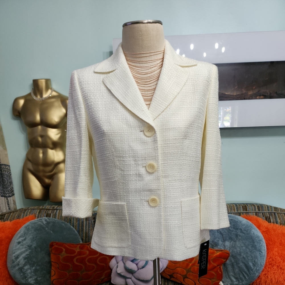 NEW VINTAGE KASPER BROCADE ARIA Ivory Women's 3/4 Blazer Jacket Size 8 NWT.
